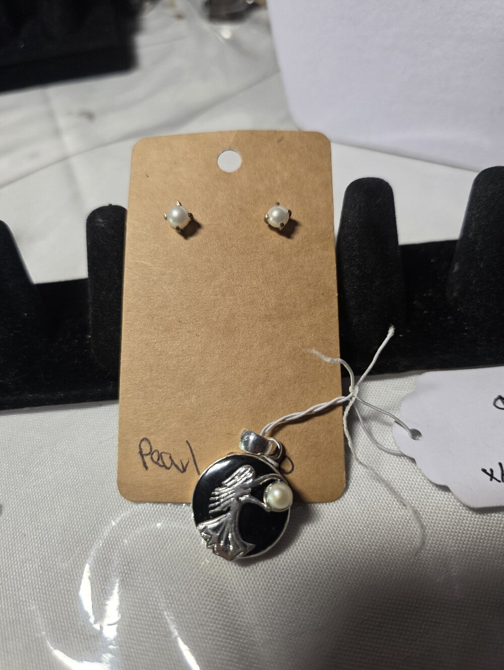 Sterling Silver Black Onyx Pendant with Pearl Accent and Pearl Stud Earrings